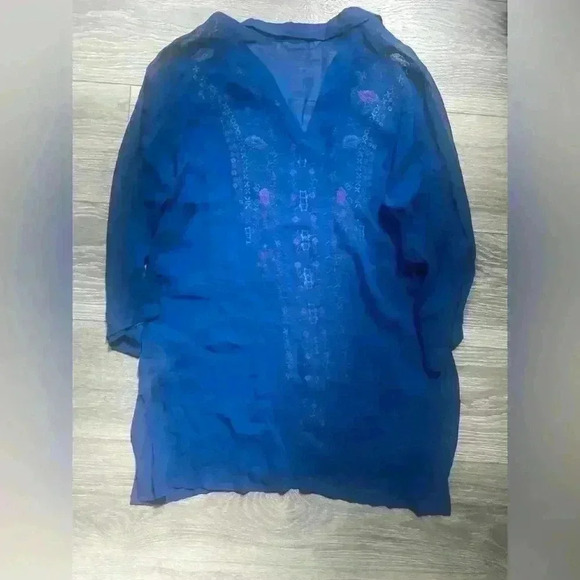 Soft Surroundings Sheer Blue Floral Embroidered Tunic Size S - Picture 2 of 7